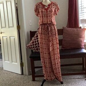 print tie jumpsuit rust/ cream HSN
